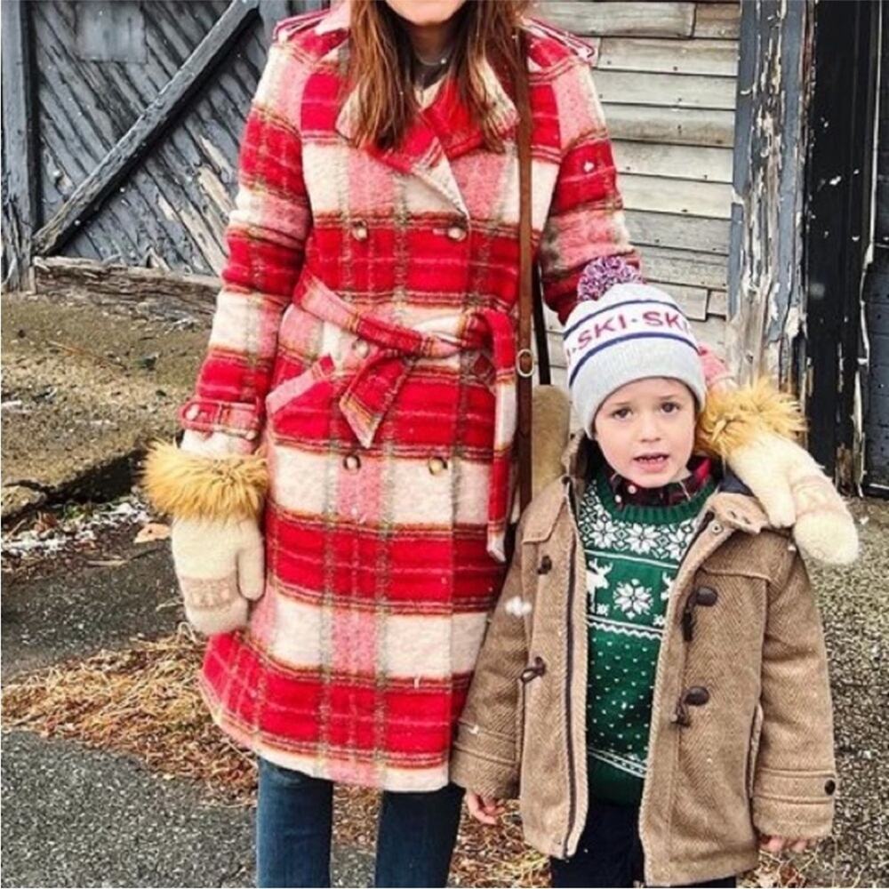 SEZANE Scott Red Wool Check Plaid tartan Winter Coat 36 4